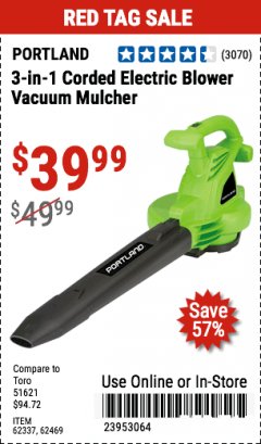 Harbor Freight Coupon 3-IN-1 CORDED ELECTRIC BLOWER VACUUM MULCHER Lot No. 62337/62469 Expired: 8/31/20 - $39.99