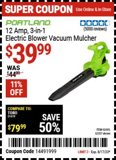 Harbor Freight Coupon 3-IN-1 CORDED ELECTRIC BLOWER VACUUM MULCHER Lot No. 62337/62469 Expired: 8/17/23 - $39.99