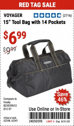 Harbor Freight Coupon 15" TOOL BAG WITH 14 POCKETS Lot No. 61469/62348/62341 Expired: 8/31/20 - $6.99