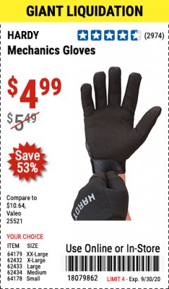 Harbor Freight Coupon HARDY MECHANICS GLOVES Lot No. 62434, 62426, 62433, 62432, 62429, 64179, 62428, 64178 Expired: 9/30/20 - $4.99