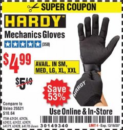 Harbor Freight Coupon HARDY MECHANICS GLOVES Lot No. 62434, 62426, 62433, 62432, 62429, 64179, 62428, 64178 Expired: 12/18/20 - $4.99