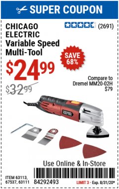 Harbor Freight Coupon CHICAGO ELECTRIC VARIABLE SPEED MULTI-TOOL Lot No. 6753763111 Expired: 8/31/20 - $24.99