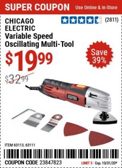 Harbor Freight Coupon CHICAGO ELECTRIC VARIABLE SPEED MULTI-TOOL Lot No. 6753763111 Expired: 10/31/20 - $19.99