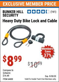 Harbor Freight ITC Coupon HEAVY DUTY BIKE LOCK AND CABLE - BUNKER HILL SECURITY Lot No. 64400 Expired: 9/30/20 - $8.99