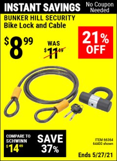 Harbor Freight Coupon HEAVY DUTY BIKE LOCK AND CABLE - BUNKER HILL SECURITY Lot No. 64400 Expired: 4/29/21 - $8.99