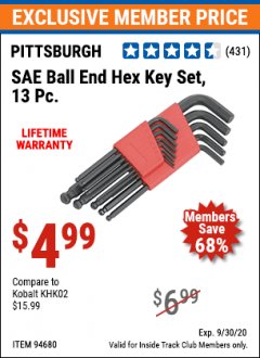 Harbor Freight ITC Coupon SAE BALL END HEX KEY SET, 13 PC. Lot No. 94680 Expired: 9/30/20 - $4.99