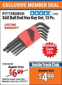 Harbor Freight ITC Coupon SAE BALL END HEX KEY SET, 13 PC. Lot No. 94680 Expired: 3/25/21 - $4.99