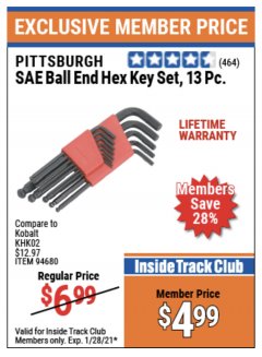 Harbor Freight ITC Coupon SAE BALL END HEX KEY SET, 13 PC. Lot No. 94680 Expired: 1/28/21 - $4.99
