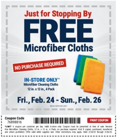 Harbor Freight FREE Coupon GRANT'S MICROFIBER CLEANING CLOTH 12 IN X 12 IN, 4 PK Lot No. 63358, 63925, 57162, 63363 Expired: 2/26/23 - NPR