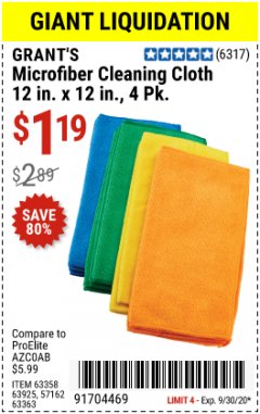 Harbor Freight Coupon GRANT'S MICROFIBER CLEANING CLOTH 12 IN X 12 IN, 4 PK Lot No. 63358, 63925, 57162, 63363 Expired: 9/30/20 - $1.19