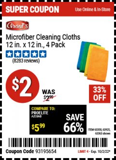 Harbor Freight Coupon GRANT'S MICROFIBER CLEANING CLOTH 12 IN X 12 IN, 4 PK Lot No. 63358, 63925, 57162, 63363 EXPIRES: 10/2/22 - $2