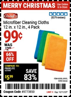 Harbor Freight Coupon GRANT'S MICROFIBER CLEANING CLOTH 12 IN X 12 IN, 4 PK Lot No. 63358, 63925, 57162, 63363 Valid Thru: 12/11/22 - $0.99