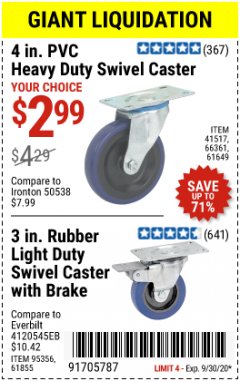 Harbor Freight Coupon 4 IN PVC HEAVY DUTY SWIVEL CASTER OR 3 IN LIGHT DUTY SWIVEL CASTER WITH BRAKE Lot No. 41517, 66361, 61649, 95356, 61855 Expired: 9/30/20 - $2.99