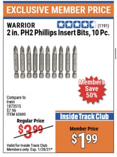 Harbor Freight ITC Coupon WARRIOR 2 IN. PH2 PHILLIPS INSERT BITS, 10 PC. Lot No. 62690 Expired: 1/28/21 - $1.99