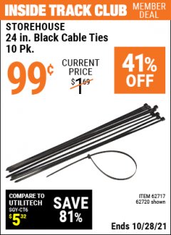 Harbor Freight ITC Coupon STOREHOUSE 24 IN. HEAVY DUTY CABLE TIES 10 PK. Lot No. 66487 Expired: 10/28/21 - $0.99