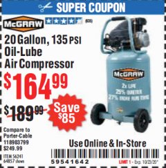 Harbor Freight Coupon 20 GALLON, 135 PSI OIL-LUBE AIR COMPRESSOR Lot No. 56241  Expired: 10/13/20 - $164.99