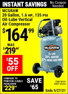 Harbor Freight Coupon 20 GALLON, 135 PSI OIL-LUBE AIR COMPRESSOR Lot No. 56241  Expired: 4/29/21 - $164.99