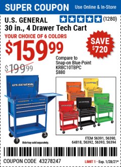 Harbor Freight Coupon US GENERAL 30 IN, 4 DRAWER TECH CART Lot No. 56390/56391/56392/56393/56394/64818 Expired: 1/28/21 - $159.99