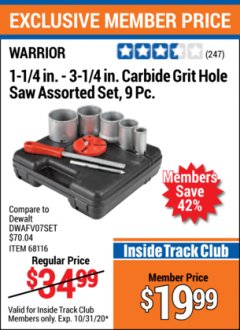 Harbor Freight ITC Coupon CARBIDE GRIT HOLE SAW ASSORTED SET 9 PC. Lot No. 68116, 90721, 69068 Expired: 10/31/20 - $19.99