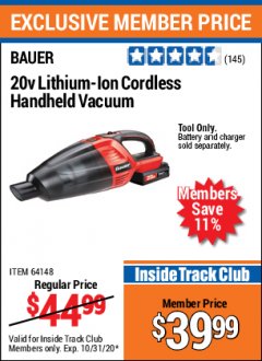 Harbor Freight ITC Coupon 20V LITHIUM-ION CORDLESS HANDHELD VACUUM Lot No. 64148 Expired: 10/31/20 - $39.99