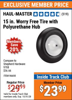 Harbor Freight ITC Coupon 15 IN. WORRY FREE TIRE WITH POLYURETHANE HUB Lot No. 96690 Expired: 10/31/20 - $23.99