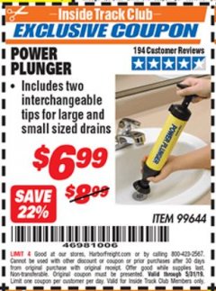 Harbor Freight ITC Coupon POWER PLUNGER Lot No. 99644 Expired: 5/31/19 - $6.99