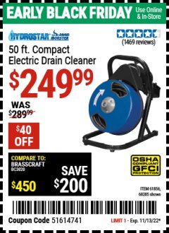 Harbor Freight Coupon PACIFIC HYDROSTAR 50FT. ELECTIC DRAIN CLEANER Lot No. 61856, 68285 Expired: 11/13/22 - $249.99