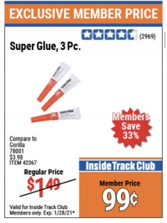 Harbor Freight ITC Coupon SUPER GLUE 3 PC Lot No. 42367 Expired: 1/28/21 - $0.99