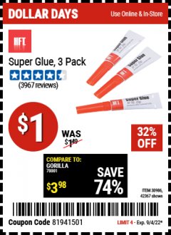Harbor Freight Coupon SUPER GLUE 3 PC Lot No. 42367 Expired: 9/4/22 - $1