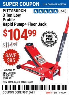 Harbor Freight Coupon PITTSBURG 3 TON LOW PROFILE RAPID PUMP FLOOR JACK Lot No. 56618, 56619, 56620, 56617 Expired: 11/30/20 - $104.99