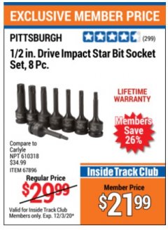 Harbor Freight ITC Coupon 1/2 IN. DRIVE IMPACT STAR BIT SOCKET SET,8PC. Lot No. npt610318 Expired: 12/3/20 - $21.99