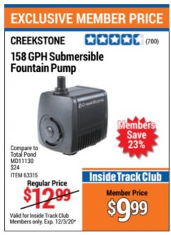 Harbor Freight ITC Coupon 158 SUBMERSIBLE FOUNTAIN PUMP Lot No. md11130 Expired: 12/3/20 - $9.99