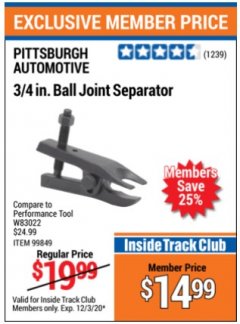 Harbor Freight ITC Coupon 3/4 IN. BALL JUINT SEPARATOR  Lot No. w83022 Expired: 12/3/20 - $14.99