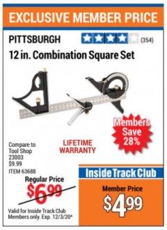 Harbor Freight ITC Coupon 12 IN. COMBINATION SQUARE SET Lot No. 63688 Expired: 12/3/20 - $4.99