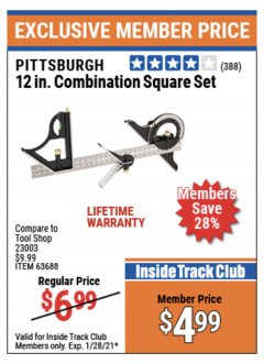 Harbor Freight ITC Coupon 12 IN. COMBINATION SQUARE SET Lot No. 63688 Expired: 1/28/21 - $4.99