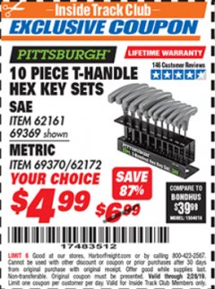Harbor Freight ITC Coupon 10 PIECE T-HANDLED HEX KEY SETS Lot No. 37861/62161/69369/37862/69370/62172 Expired: 2/28/19 - $4.99