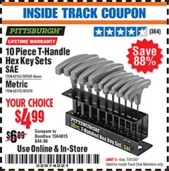 Harbor Freight ITC Coupon 10 PIECE T-HANDLED HEX KEY SETS Lot No. 37861/62161/69369/37862/69370/62172 Expired: 7/31/20 - $4.99