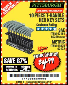 Harbor Freight Coupon 10 PIECE T-HANDLED HEX KEY SETS Lot No. 37861/62161/69369/37862/69370/62172 Expired: 4/5/19 - $4.99