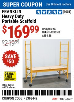 Harbor Freight Coupon FRANKLIN HEAVY DUTY PORTABLE SCAFFOLD Lot No. 63051, 63050 Expired: 1/28/21 - $169.99