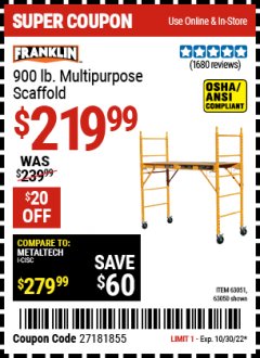 Harbor Freight Coupon FRANKLIN HEAVY DUTY PORTABLE SCAFFOLD Lot No. 63051, 63050 Expired: 10/30/22 - $219.99