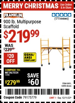 Harbor Freight Coupon FRANKLIN HEAVY DUTY PORTABLE SCAFFOLD Lot No. 63051, 63050 Expired: 12/11/22 - $219.99