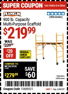 Harbor Freight Coupon FRANKLIN HEAVY DUTY PORTABLE SCAFFOLD Lot No. 63051, 63050 Expired: 4/30/23 - $219.99
