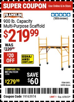Harbor Freight Coupon FRANKLIN HEAVY DUTY PORTABLE SCAFFOLD Lot No. 63051, 63050 Expired: 4/30/23 - $219.99