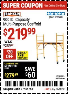 Harbor Freight Coupon FRANKLIN HEAVY DUTY PORTABLE SCAFFOLD Lot No. 63051, 63050 Expired: 10/29/23 - $219.99