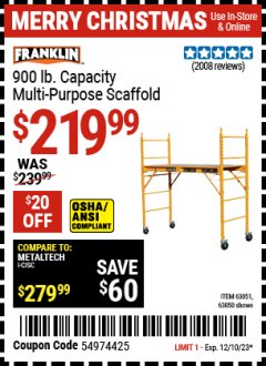 Harbor Freight Coupon FRANKLIN HEAVY DUTY PORTABLE SCAFFOLD Lot No. 63051, 63050 Expired: 12/10/23 - $219.99