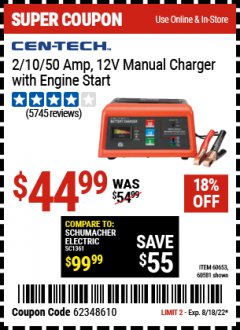 Harbor Freight Coupon 10/2/50 AMP, 12V MANUAL CHARGER WITH ENGINE START Lot No. 60581, 60653 Expired: 8/18/22 - $44.99