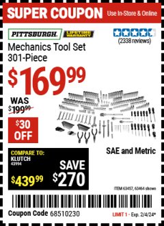 Harbor Freight Coupon PITTSBURGH MECHANIC'S TOOL SET, 301PC Lot No. 63457 Expired: 2/4/24 - $169.99