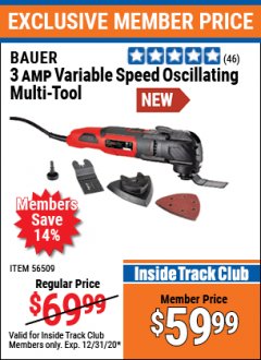 Harbor Freight ITC Coupon BAUER 3 AMP VARIABLE SPEED OSCILLATING MULTI-TOOL Lot No. 56509 Expired: 12/31/20 - $59.99