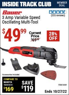 Harbor Freight ITC Coupon BAUER 3 AMP VARIABLE SPEED OSCILLATING MULTI-TOOL Lot No. 56509 Expired: 10/27/22 - $49.99