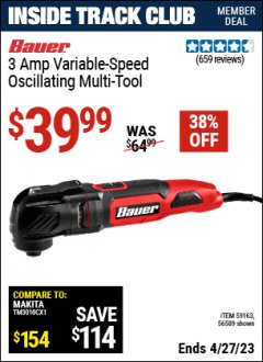 Harbor Freight ITC Coupon BAUER 3 AMP VARIABLE SPEED OSCILLATING MULTI-TOOL Lot No. 56509 Expired: 4/27/23 - $39.99